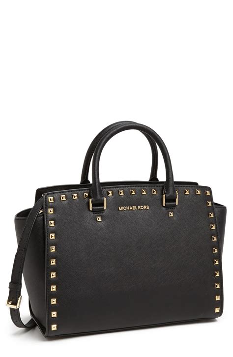 michael kors large black studded selma|selma leather satchel.